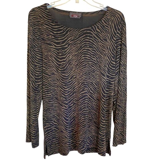 Vintage Vic Womens Zebra Print Stretch Black & Tan Top Size M Goth Dark Academia - Picture 1 of 8